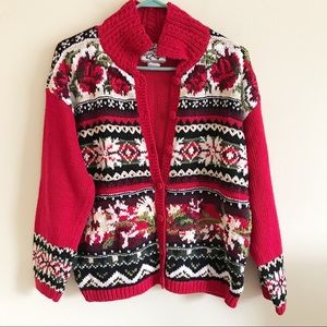 VINTAGE Ladies Sz Medium Red Holiday Knit Sweater Cardigan Zip Up Fair Isle